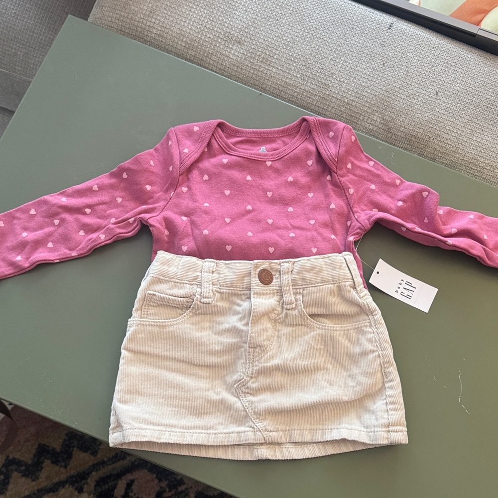 Pink Heart Long Sleeve onesie and Cream Skirt Set
